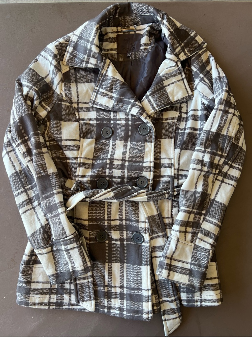 Plaid Double-Breasted Belted Coat in Gray & Cream